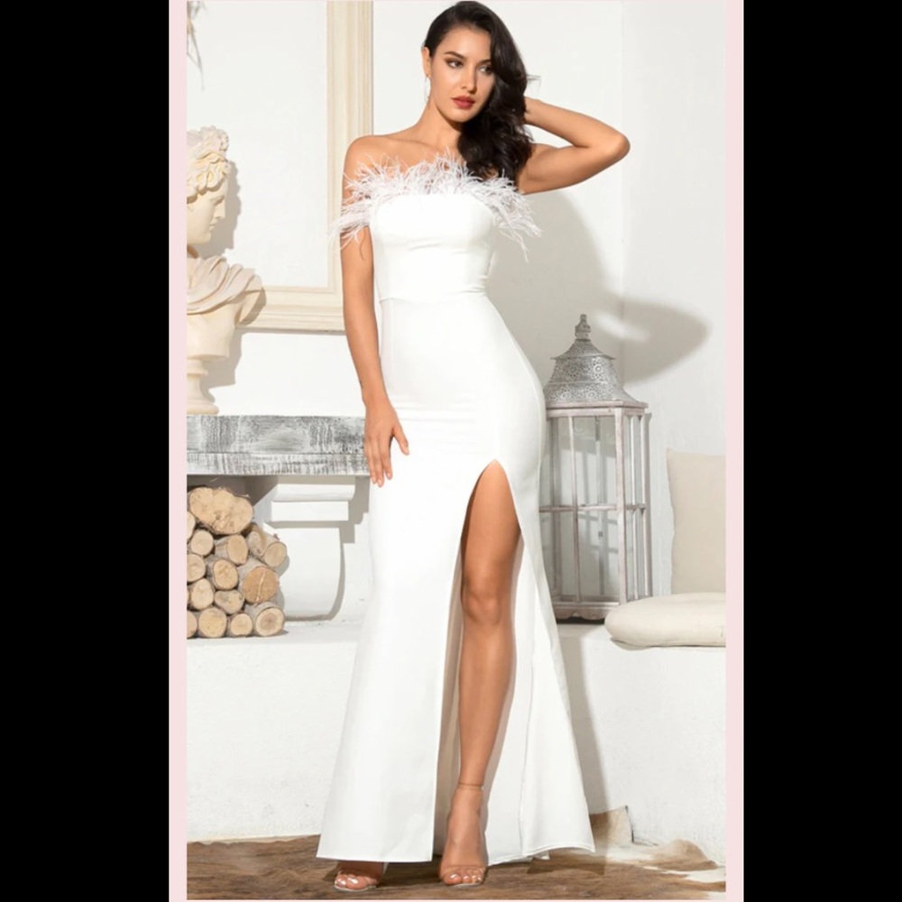 Indie xo. CAPTIVATING NIGHT WHITE FEATHER STRAPLESS SIDE SLIT TRAIN MAXI DRESS